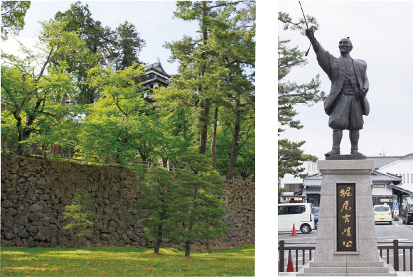石垣と堀尾吉晴公の銅像
