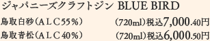 ジャパニーズクラフトジン BLUE BIRD 鳥取白砂（AＬＣ55％）（720ml）税込7,000.40円 鳥取青松（AＬＣ40％）（720ml）税込6,000.50円